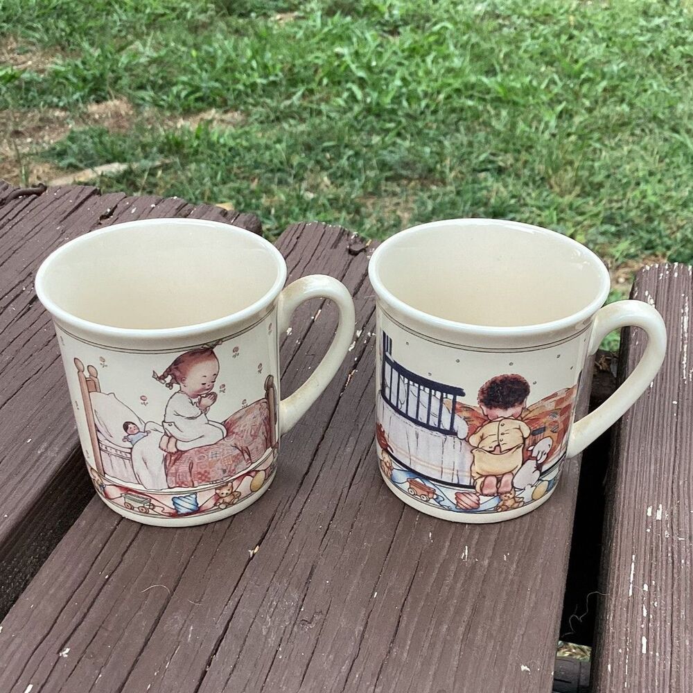 Vintage Prayer Mugs Set Of 2‎ Children Praying Bedtime Blessings Ceramic